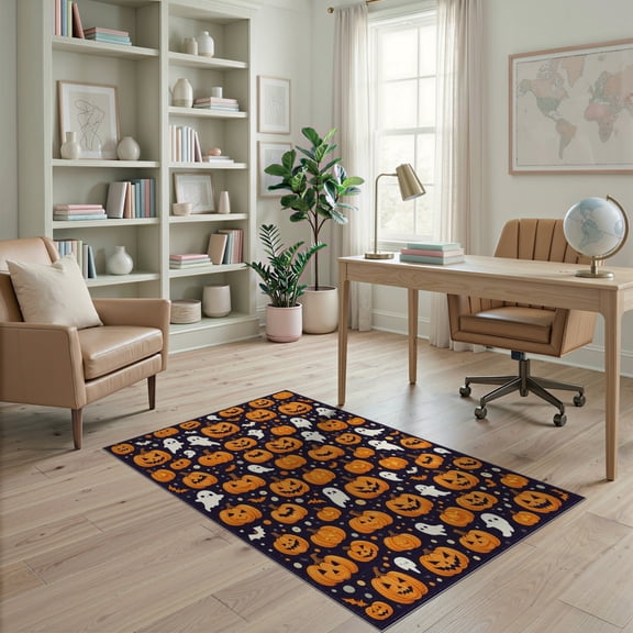 ODIKA Pumpkin Halloween Bat Ghost Toss Festive Spooky Spotted Motif Stain Resistant Low Profile for Dorm Room, Small Living Apartment
