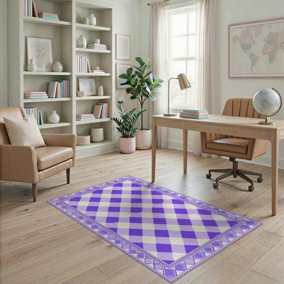 ODIKA Purple Abstract Grid Mosaic Border Symmetrical Checkered Repeating Non-Slip Chair-Friendly for Home Office, Gaming Room, Under Desk