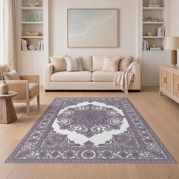 ODIKA Purple Boho Plum Border Symmetrical Decorative Pink Mauve Vintage Non-Slip Low Profile for Guest Room, Lounge, Apartment