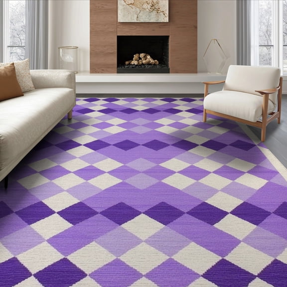 ODIKA Purple Checkered Checkerboard Retro Grid Plaid Crisp Interlocking for Living Room, Under Sectional, Family , Non-Slip Flatwoven