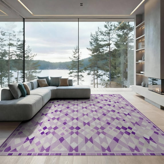 ODIKA Purple Checkered Plaid Interlocking Motif Grid Crisp Border Symmetrical for Great Room, Indoor Open Concept, Large Living Low Profile Flatwoven