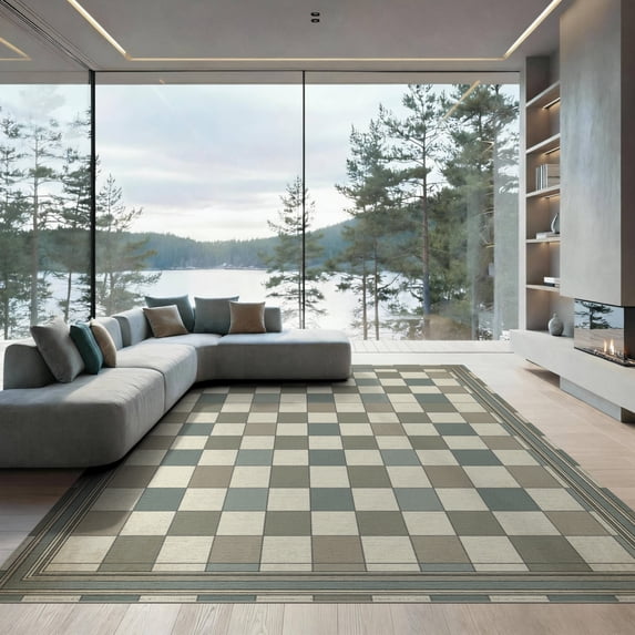 ODIKA 9'x12' Washable Area Rug Purple Retro Plaid Softly Washed Symmetrical Checkered Layout for Great Room, Indoor Concept, Large Living Room, Low Pile, Flatwoven