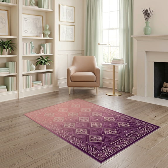 ODIKA Purple Symmetrical Interlocking Geometric Tonal Gradient Quilted for Playroom, Bedroom, Reading Nook, Pet Friendly & Kids Safe Play