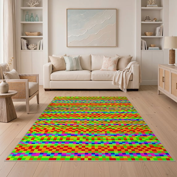 ODIKA Rainbow Grid Block Funky Geometric Abstract Modern Statement Non-Slip Chair-Friendly for Dining Room, Under Table, Home Office