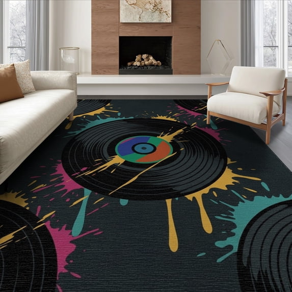 ODIKA Record Bold Vinyl Contrasting Disc Abstract Paint Splash Cd Shaped for Dining Room, Under Table, Office, Non-Slip Chair-Friendly Floor