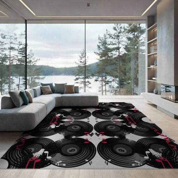 ODIKA Record Disc Eight Grunge Round Movie Blanket Music Note Vinyl Playful Expressive Non-Slip Chair-Friendly for Dining Room, Basement, Large Office