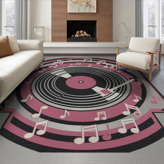 ODIKA Record Vinyl Mirrored Music Notes Grooves Concentric Player Dj for Living Room, Under Sectional, Family , Non-Slip Flatwoven