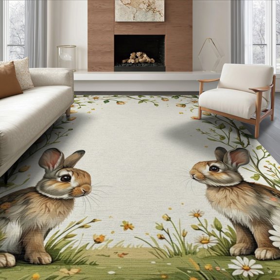 ODIKA Ripple Bunny Whimsical Forest Print Folk Border Doormat Bedside Non-Slip Flatwoven for Living Room, Under Sectional, Family