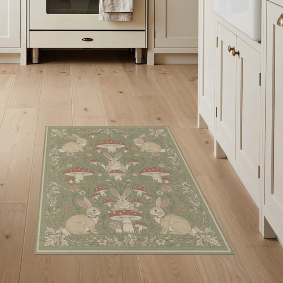 ODIKA Ripple Bunny Whimsical Mushroom Motif Sage Ivory Doormat Bedside Non-Slip Chair-Friendly for Home Office, Hallway, Laundry Room