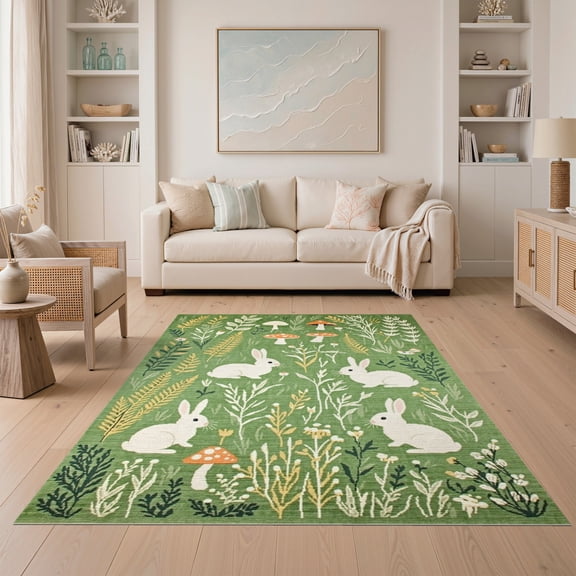 ODIKA Ripple Bunny Whimsical Woodland Forest Print Folk Botanical Border for Small Living Room, Playroom, Bedroom, Easy Care Kids Safe