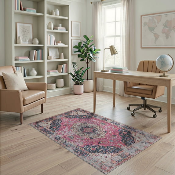 ODIKA Rose Boho Distressed Floral With Mauve Faded Medallion Border for Home Office, Gaming Room, Under Desk, Non-Slip Chair-Friendly