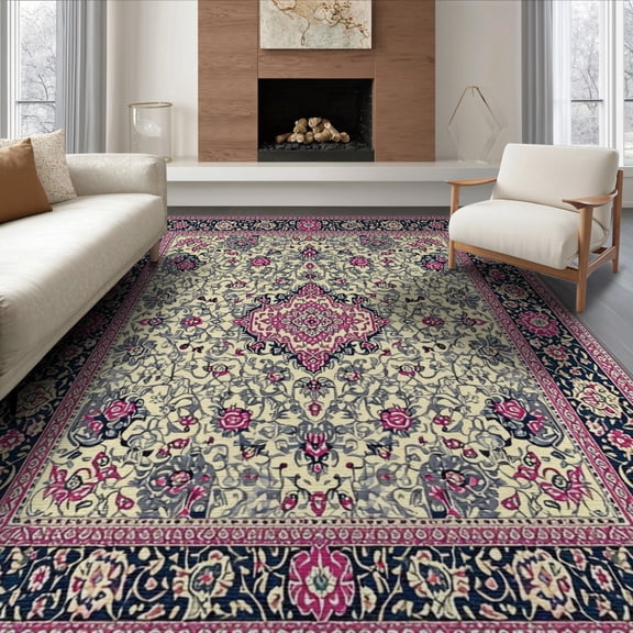 ODIKA Rose Medallion Floral Vintage Ornamental With Mauve Corner Motifs for Queen Size Bedroom, Under Bed, Master , Foldable Easy Care