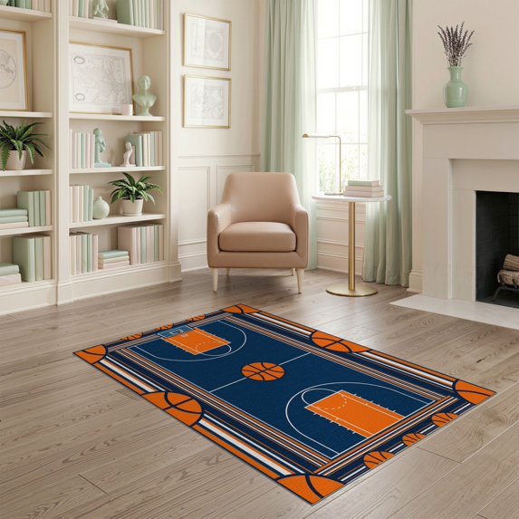 ODIKA Round Athletic Hoop Center Featuring Lines Football Blanket Border for Dorm Room, Small Living Apartment, Stain Resistant Low Profile