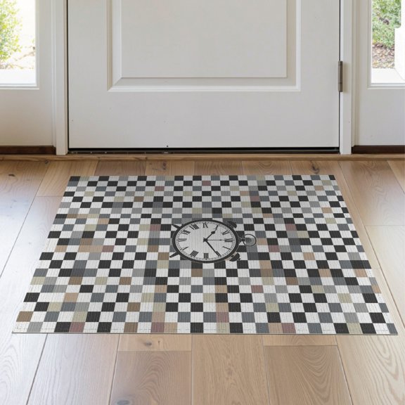 ODIKA Round Circle Grid Timepiece Contemporary Symmetrical Layout Reading Stain Resistant Thin Throw for Entryway, Kitchen, Laundry Room