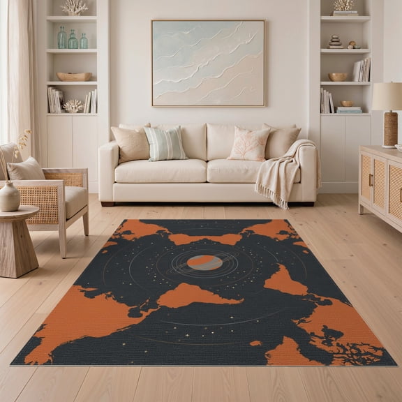 ODIKA Round Circle Map Ring Motif Planetary Galaxy Circles for Guest Room, Lounge, Apartment, Non-Slip Low Profile
