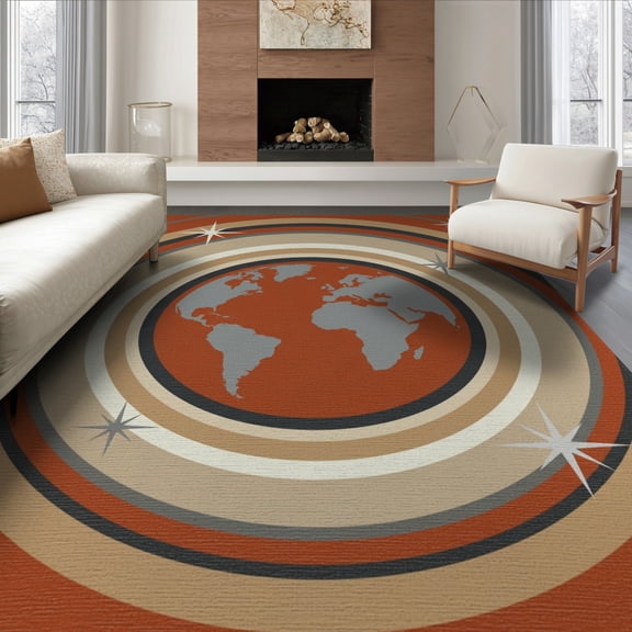ODIKA Round Cosmic Map Circular Radiating Ring Planetary Galaxy Circles Non-Slip Flatwoven for Living Room, Under Sectional, Family