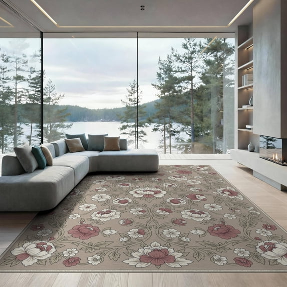 ODIKA Round Flower Shaped Traditional Botanical Print Border Solid for Great Room, Indoor Open Concept, Large Living Low Profile Flatwoven
