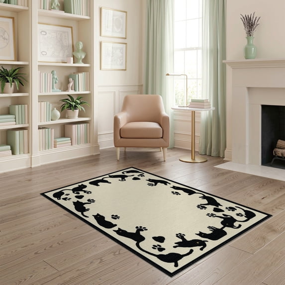 ODIKA Round Print Bordered Feline Motif Symmetrical Track Whimsical Non-Slip Chair-Friendly for Home Office, Gaming Room, Under Desk