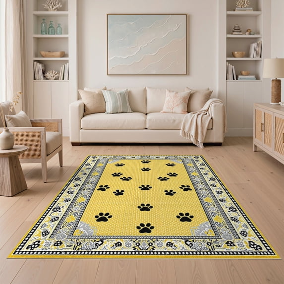 ODIKA Round Print Motif Vintage Polka Dot Field Whimsical Kitten Tracks Non-Slip Chair-Friendly for Dining Room, Under Table, Home Office
