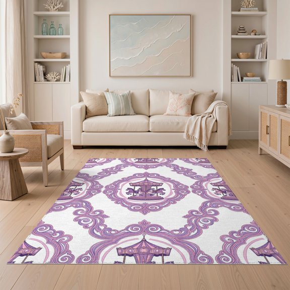 ODIKA Round Scroll Storybook Whimsical Carousel Motif Transitional Non-Slip Low Profile for Guest Room, Lounge, Apartment