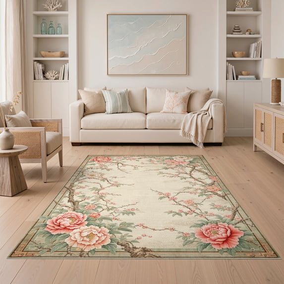 ODIKA Round Shaped Retro Botanical Chinoiserie Blooms Border Solid Non-Slip Low Profile for Guest Room, Lounge, Apartment