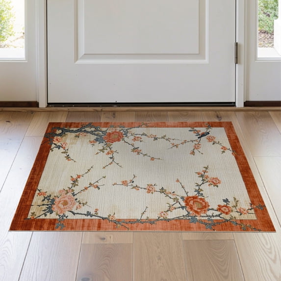 ODIKA Round Shaped Retro Chinoiserie Border Solid Geometric Patterned Stain Resistant Thin Throw for Entryway, Kitchen, Laundry Room