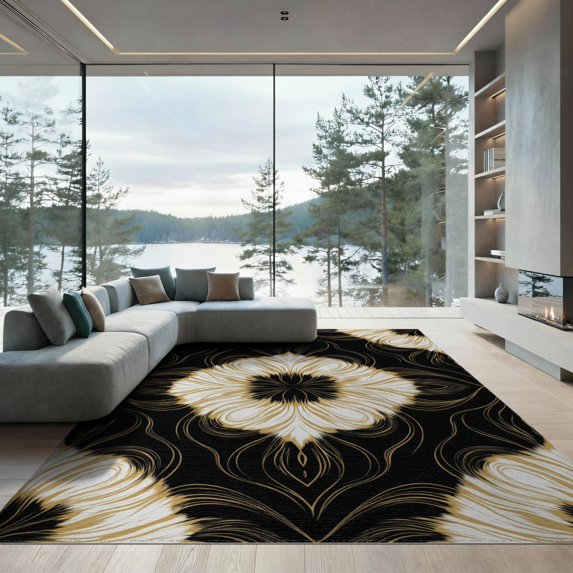 ODIKA 9'x12' Washable Area Rug Low Pile, Flatwoven, Rugblack Fluid Motion Sophisticated Smalltan Rugsgold Vases Yellow for Great Room, Indoor Concept, Large Living Room
