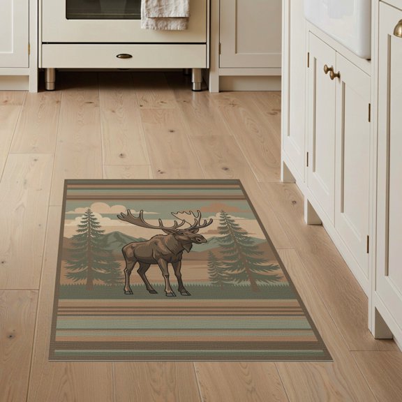 ODIKA Rustic Cabin Wildlife Scene With Moose And Cloud Motif Vintage Flowing Dynamic for Entryway, Kitchen, Mudroom, Stain Resistant Flatwoven