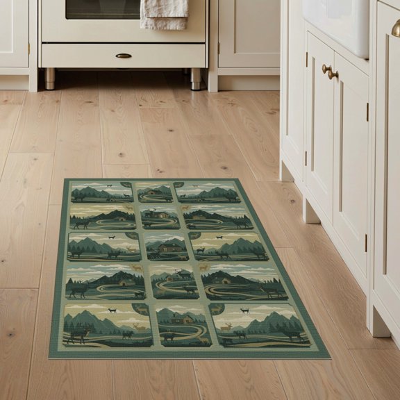 ODIKA Rustic Mountain With Cloud Sky And Cabin Wildlife Vintage Flowing for Entryway, Kitchen, Mudroom, Stain Resistant Flatwoven