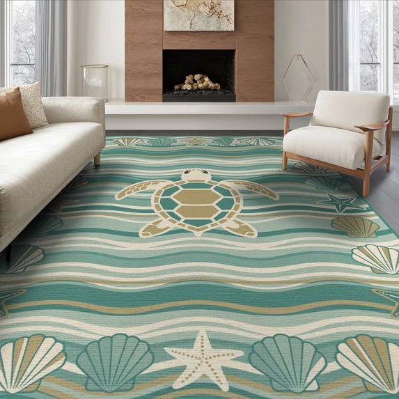 ODIKA Seashell Nautical Border Map Ocean Compass Coral Vintage Turtle Flowing Dynamic for Dining Room, Under Table, Office, Non-Slip Chair-Friendly Floor