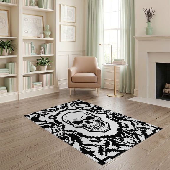 ODIKA Skull Pixelated Beast Cranium Geometric Block Framework Edgy for Home Office, Gaming Room, Under Desk, Non-Slip Chair-Friendly