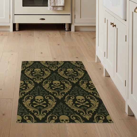 ODIKA Skull With Baroque Floral Scroll Border Goth Victorian Damask Playful Expressive Stain Resistant Flatwoven for Entryway, Kitchen, Mudroom