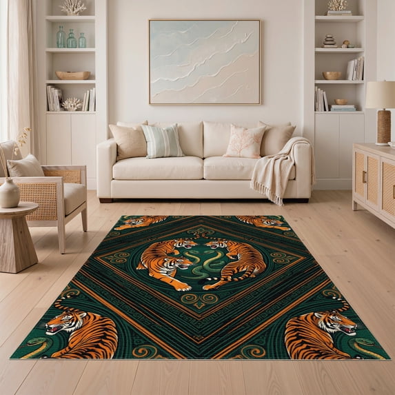 ODIKA Snake Battle Motif Martial Scroll Folk Versus Striped Tibetan Tiger Refined for Dining Room, Under Table, Home Office, Non-Slip Chair-Friendly