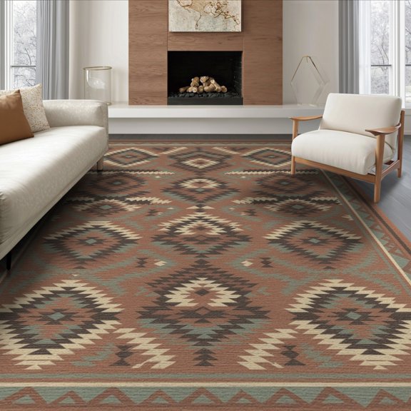 ODIKA Southwestern Banded Border Motif Stripe Stepped Motifs Aztec Flowing Dynamic for Dining Room, Large Office, Lounge, Non-Slip Chair-Friendly