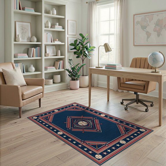 ODIKA Sport Vintage Athletic Crest With Striped Banner Border Baseball Field Refined for Playroom, Bedroom, Reading Nook, Pet Friendly & Kids Safe Play