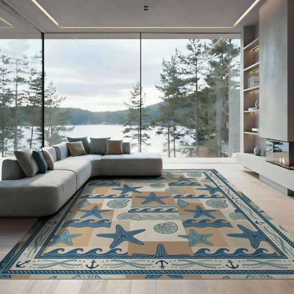 ODIKA Starfish Ocean Boho Seashell Repeat Bathroom Coral Reef Nautical for Great Room, Indoor Open Concept, Large Living Low Profile Flatwoven