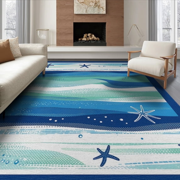 ODIKA 6'x9' Washable Area Rug Non-Slip, Chair-Friendly, Starfish Ocean Motif Nautical Wave Stripe Bathroom Border Seashell for Dining Room, Under Table, Office Décor
