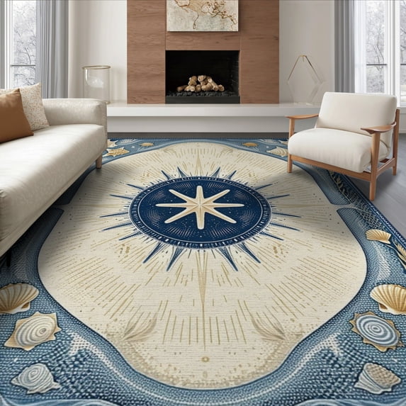 ODIKA 6'x9' Washable Area Rug Non-Slip, Chair-Friendly, Starfish Ocean Nautical Motif Seashell Center Bathroom Coral for Dining Room, Under Table, Office Décor