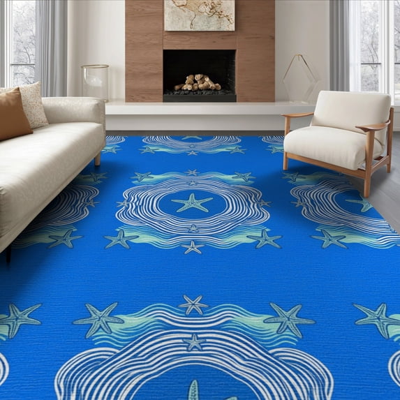 ODIKA 8'x10' Washable Area Rug Durable, Non-Slip Starfish Ocean Nautical Seashell Wave Stripe Bathroom Seafoam for Living Room, Under Sectional, Family Room