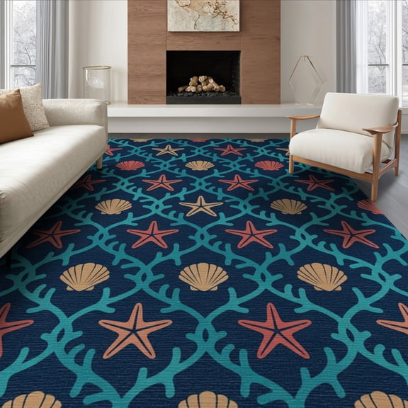 ODIKA Starfish Seashell Repeating Motif Turquoise Navy Bathroom Ocean for Dining Room, Large Office, Lounge, Non-Slip Chair-Friendly