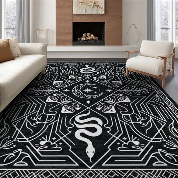ODIKA Stars Mushroom Divination Runway Round Circle Gothic Snake Boho Playful Non-Slip Flatwoven for Living Room, Under Sectional, Family