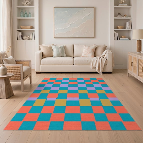 ODIKA Storybook Square Bold Alternating Grid Design Floor Covering Non-Slip Chair-Friendly for Dining Room, Under Table, Home Office