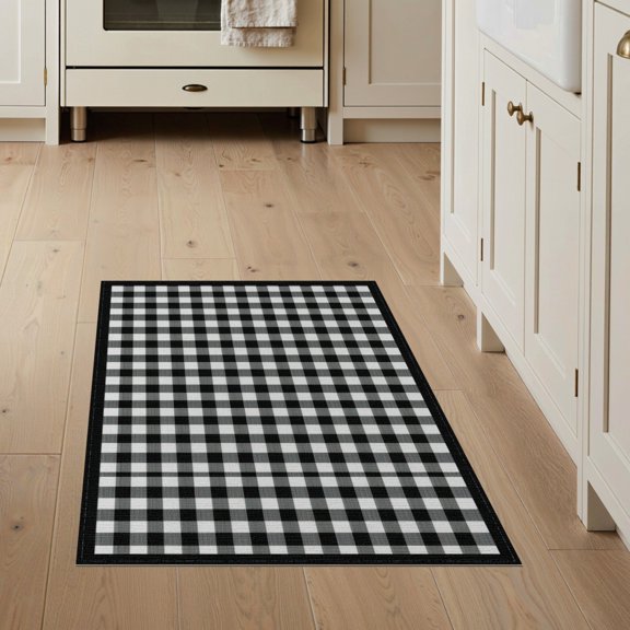 ODIKA Striped Buffalo Plaid With Farmhouse Checkerboard Border Accents Stain Resistant Flatwoven for Entryway, Kitchen, Mudroom