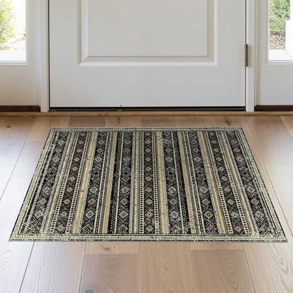 ODIKA 2'x3' Washable Samll Area Rug Striped Tan Boho Distressed Border Bands Motifs Banded Ivory Flowing Dynamic for Entryway, Kitchen, Laundry Room, Non-Slip, Low Pile