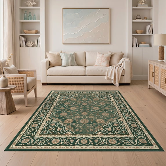 ODIKA Symmetrical Border Ornamental Scrolls Distressed Vintage Ornate Playful for Guest Room, Lounge, Apartment, Non-Slip Low Profile