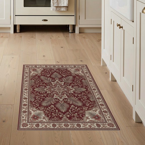 ODIKA Symmetrical Burgundy Scrolls Allover Ornate Traditional Style Pet Friendly & Kids Safe for Bedroom, Bedside, Nursery