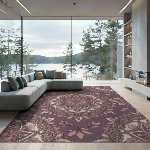 ODIKA Symmetrical Dusty Rose Geometric With Scattered Petal Accents Low Profile Flatwoven for Great Room, Indoor Open Concept, Large Living