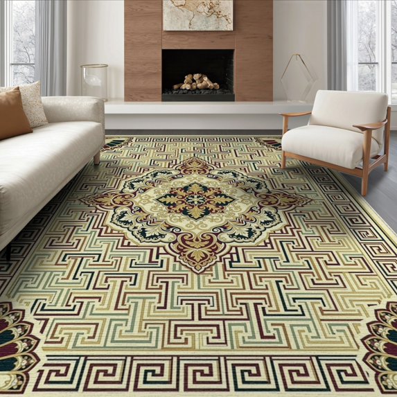 ODIKA Symmetrical Key Border Glam Shimmer Round Sparkle Sunburst Greek Flowing Dynamic Foldable Easy Care for King Size Bedroom, Master Suite, Under Bed
