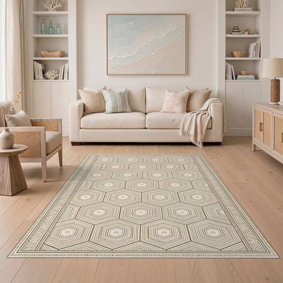 ODIKA Symmetrical Neutral Decorative Hexagon Grid With Classic Edge Detail Easy Care Kids Safe for Small Living Room, Playroom, Bedroom