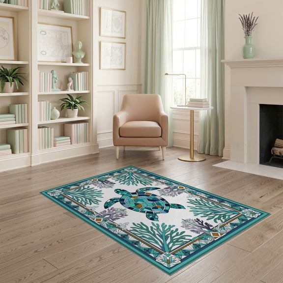 ODIKA Teal Turtle Stained Ocean Entryway Beachy Cherry Blossoms Nautical Flowing for Dorm Room, Small Living Apartment, Stain Resistant Low Profile